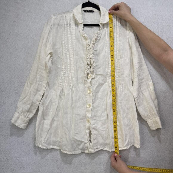 Paper Lace Shirt Womens Small White Linen Button Front Long Sleeve Ruffle Top - Picture 2 of 12